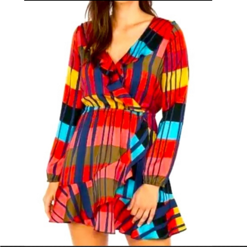 Express Color Block Elastic Waist Ruffle Wrap Dre… - image 1